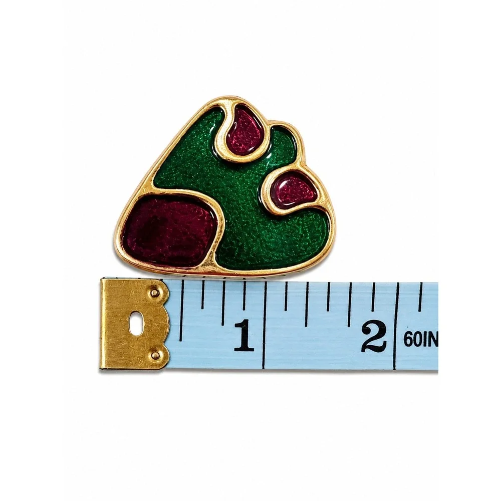 Vintage 1980s Green Burgundy Enamel Abstract Statement Clip-On Earrings
